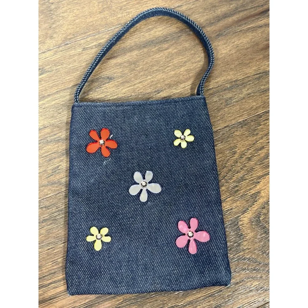 VINTAGE SAKS FIFTH AVENUE Italian Wristlet Denim Blue Mirrored Floral Sequin EUC